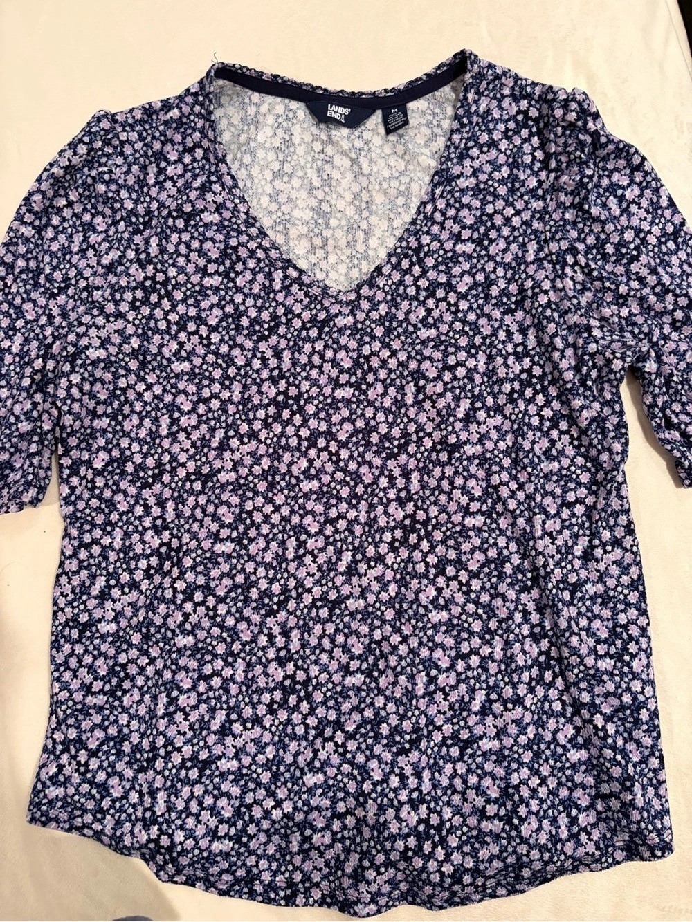 Lands' End Floral Blouse in Blue & Pink Size Medium